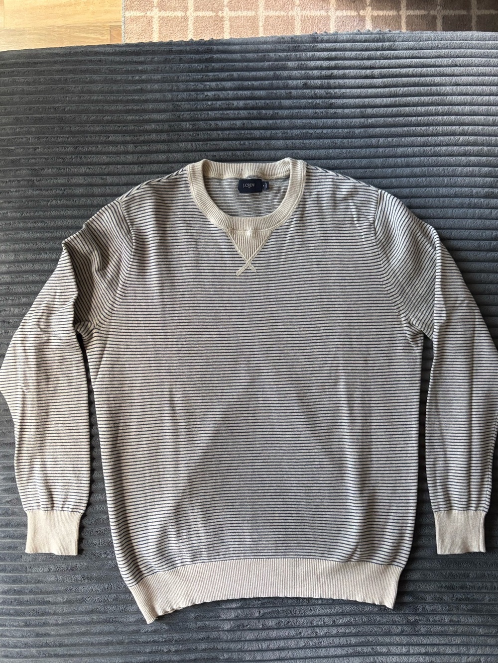 J. Crew Men’s Crewneck Striped Sweater in Beige and Navy